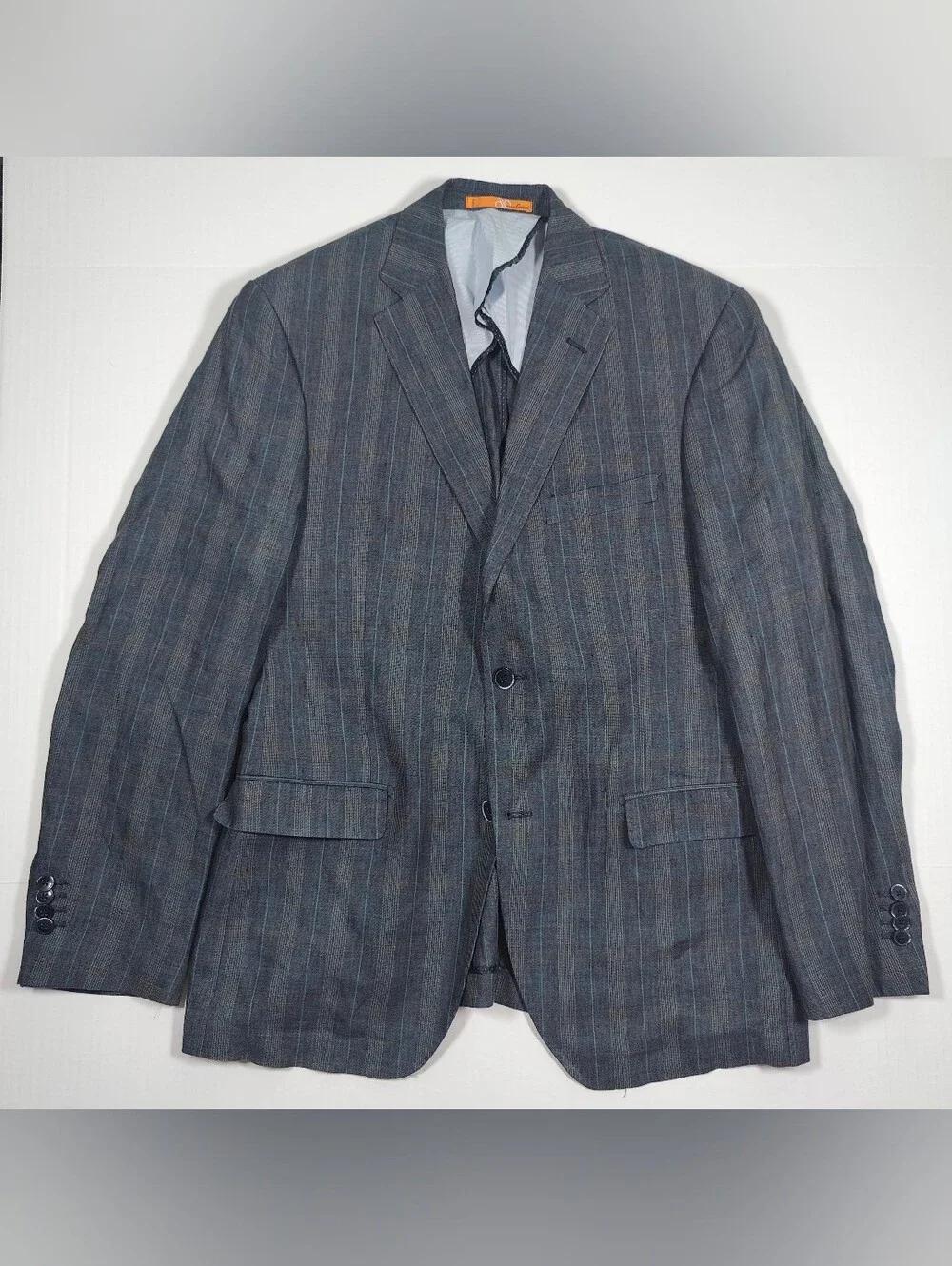 Bianco Brioni Mens Blue Grey 100% Linen Plaid Blazer Size 40R Made In Italy